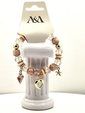 Gold Tone & Pink Beaded Charm Bracelet With Heart Starfish & Shell Accents
